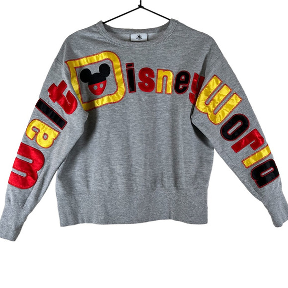 Disney Parks Womens Mickey Sweatshirt Gray Long Sleeve Stitched Spell Out XS